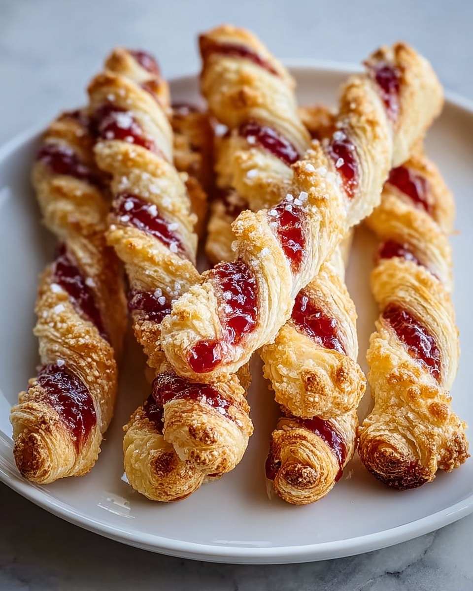 A white plate holds several twisted pastry sticks, each with three visible layers: a golden-brown crispy outer layer, a middle layer filled with bright red jam with a shiny texture, and a slightly flaky inner layer. The jam is spread unevenly in the center, with the golden pastry edges curling around it. Small sugar crystals are sprinkled on top, adding a light sparkle to the pastries. The plate is set on a white marbled surface, creating a clean and soft background. photo taken with an iphone --ar 4:5 --v 7