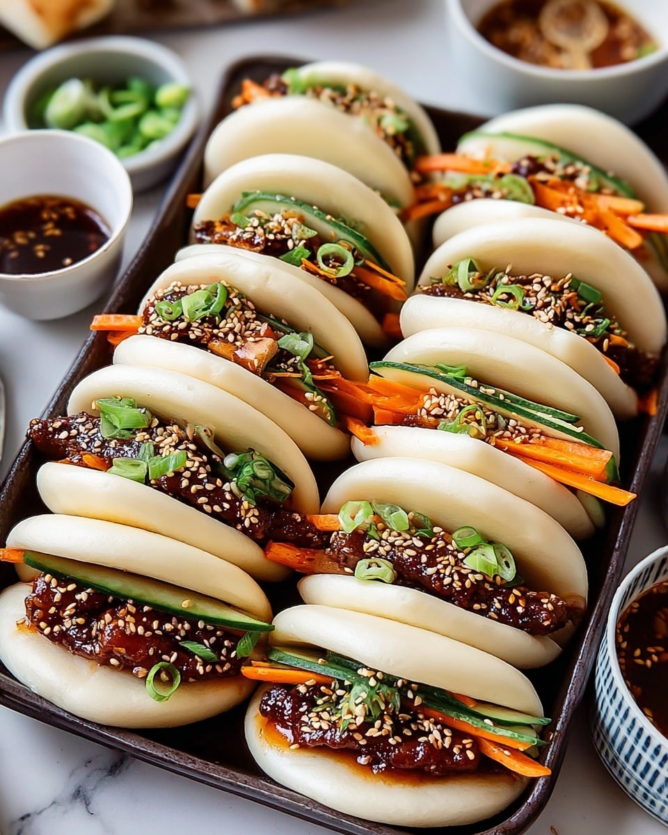 The image shows a tray filled with neatly arranged steamed bao buns, each folded open to reveal a colorful filling. Inside each soft, smooth white bun, there are layers starting with a dark brown, glazed meat or protein, topped with thin orange carrot sticks and chopped bright green scallions and cucumbers. The buns are sprinkled with small white sesame seeds, adding texture and contrast. The tray is placed on a white marbled surface, and in the background, there are small white bowls holding dipping sauces and extra green garnish. The overall look is fresh, colorful, and neatly presented. photo taken with an iphone --ar 4:5 --v 7