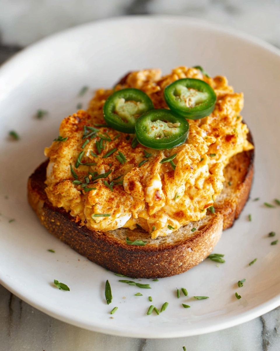 A single toast slice serves as the base layer, light brown with toasted edges and a soft interior. On top is a thick, scrambled egg mixture cooked to a golden orange with a slight char and visible white pieces, creating a textured, bumpy layer. Three thin, bright green jalapeño slices lay neatly on the scrambled eggs. Small green herb pieces are sprinkled around and on the eggs for a fresh look. All of this is placed on a white plate with a white marbled texture background. photo taken with an iphone --ar 4:5 --v 7