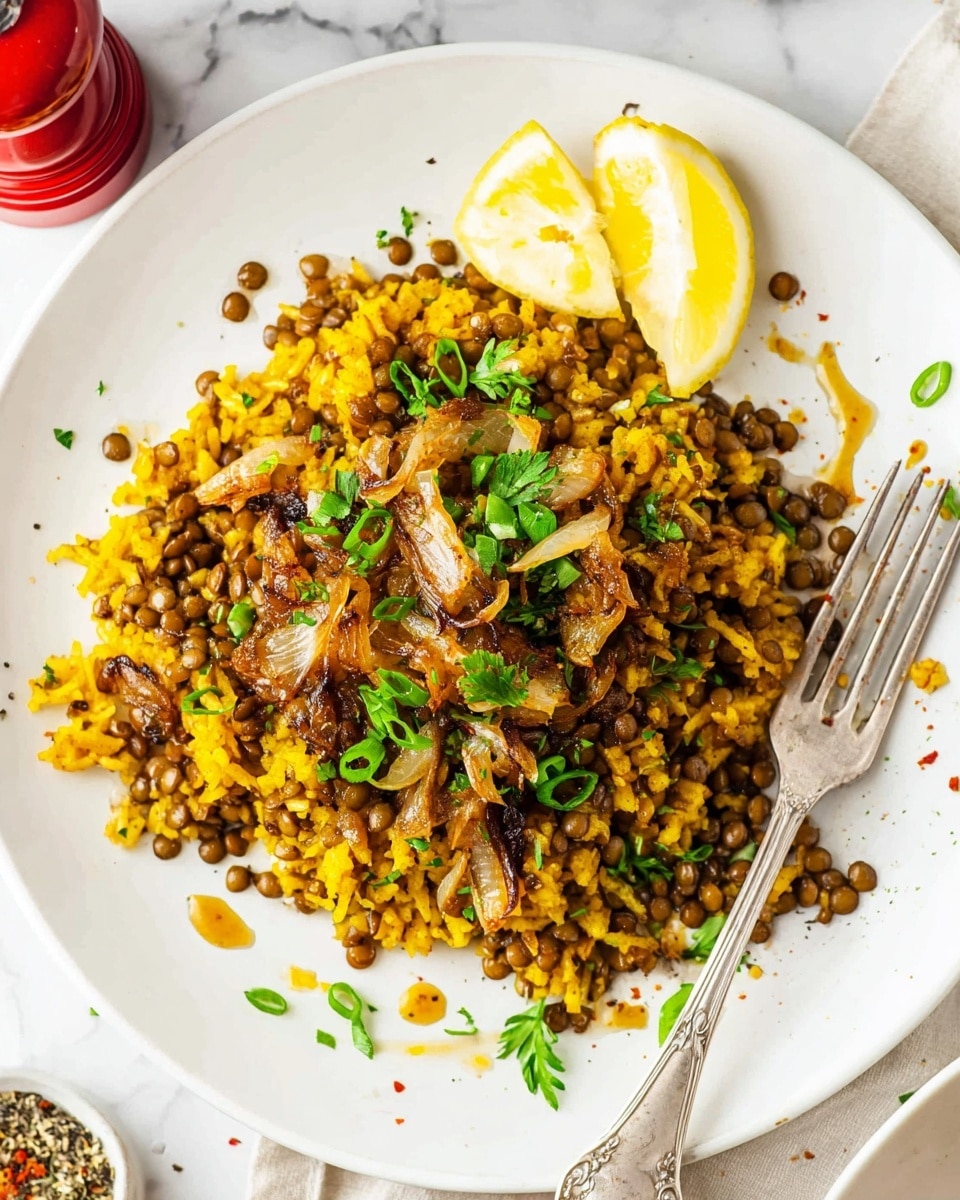 A white plate holds a mixed dish of yellow rice and brown lentils, with some caramelized onions layered on top, sprinkled with chopped green onions and fresh herbs. A lemon wedge is placed at the top right of the plate, and there are small drops of oil and spices scattered around the food on the plate. A silver fork rests on the right side of the plate, and there is a white marbled texture surface underneath with a red pepper grinder visible in the bottom left corner. Photo taken with an iphone --ar 4:5 --v 7