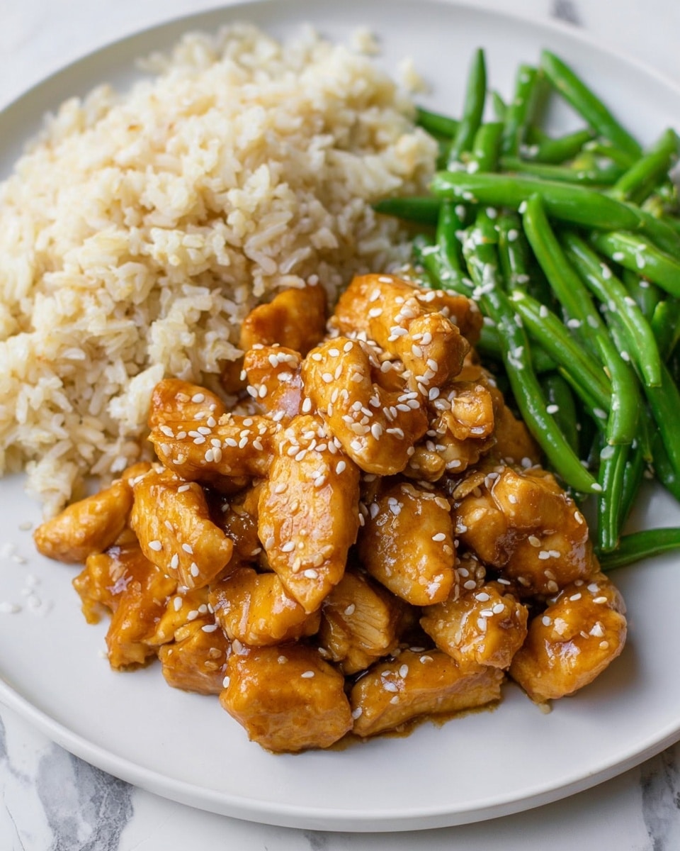 The image shows a white plate with three main parts: a pile of cooked rice at the back left that is soft and light beige in color, a cluster of cooked green beans on the right side with a bright green and smooth texture, and a generous serving of bite-sized pieces of chicken coated in a shiny orange-brown sauce in the front center. The chicken pieces are sprinkled with small white sesame seeds, adding texture and contrast. The white plate sits on a surface with a white marbled texture. photo taken with an iphone --ar 4:5 --v 7
