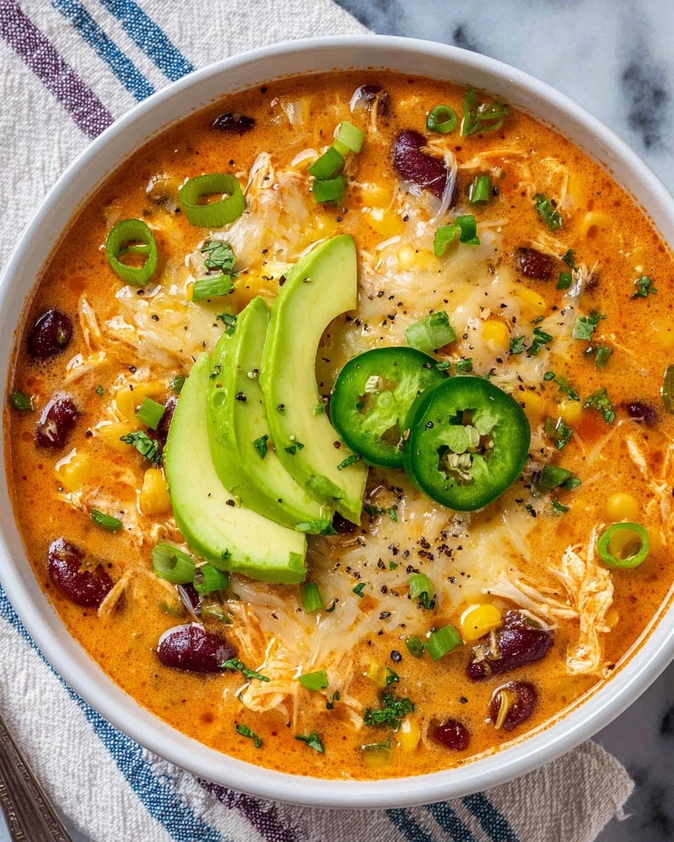 A white bowl filled with thick orange soup made of shredded chicken, yellow corn, and dark red kidney beans, topped with shredded white cheese melted into the soup. On top, there are three slices of bright green avocado arranged in a neat line, with two round slices of fresh jalapeño and small chopped green onions sprinkled around. The soup is dotted with black pepper and small green herbs. The bowl sits on a white marbled surface with a white cloth featuring blue and purple stripes nearby. photo taken with an iphone --ar 4:5 --v 7