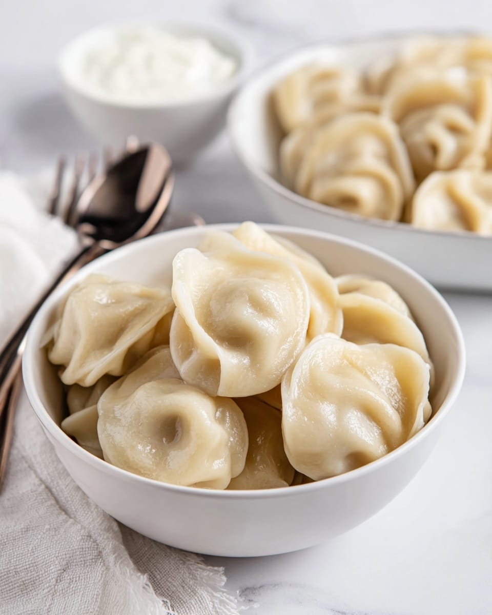 A white bowl filled with a stack of smooth, pale beige dumplings that have a shiny, soft texture, each dumpling showing its small folded and pinched edges. Behind this bowl, there is another white bowl with more dumplings. To the left, there is a blurred silver fork lying on a white cloth, and in the top left corner, a white bowl with a white creamy sauce and a dark spoon is partly visible. The whole scene sits on a white marbled surface. photo taken with an iphone --ar 4:5 --v 7