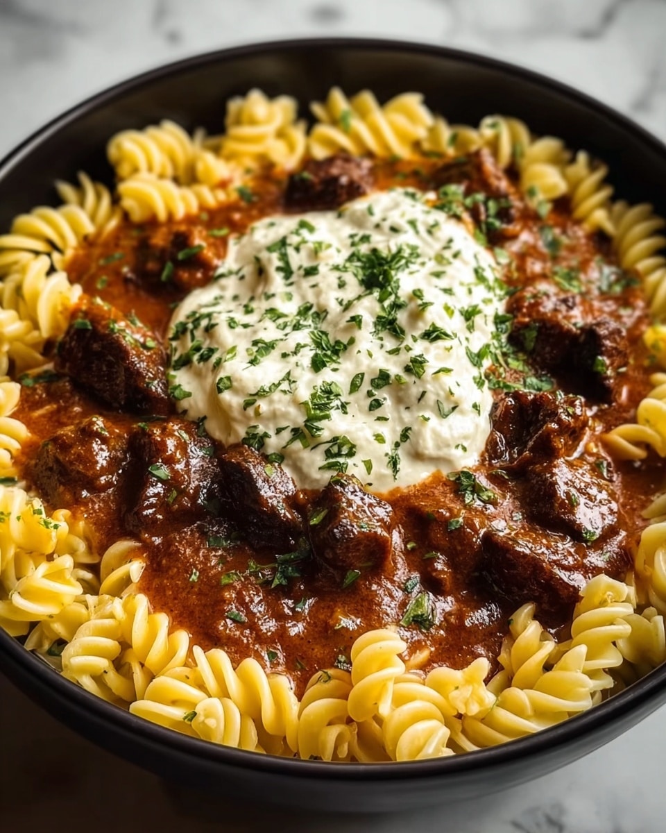 The dish shows a black bowl filled with three main layers: the bottom layer is yellow spiral pasta arranged in a ring around the edge, the middle layer is a rich, brown beef stew liquid with visible chunks of dark brown beef spread evenly, and the top layer is a dollop of creamy white sauce placed in the center. The white sauce is sprinkled with green herbs, and some herbs are scattered lightly over the beef stew as well. The bowl is placed on a white marbled surface. photo taken with an iphone --ar 4:5 --v 7