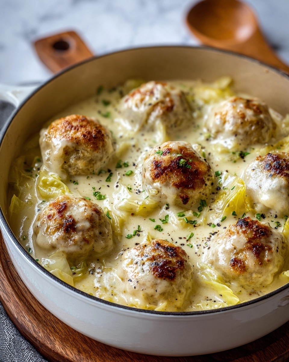 A white round pot filled with seven golden-brown meatballs covered in a thick creamy white sauce. The sauce looks rich and smooth, with small black pepper specks and bits of fresh green herbs scattered over the top. Around the meatballs, soft cooked pale yellow cabbage leaves peek through the sauce. The meatballs have a slightly browned crust on top, showing a crispy texture against the creamy sauce. The pot sits on a wooden board with a wooden spoon partly visible on the right side, and the background is a white marbled texture. Photo taken with an iphone --ar 4:5 --v 7