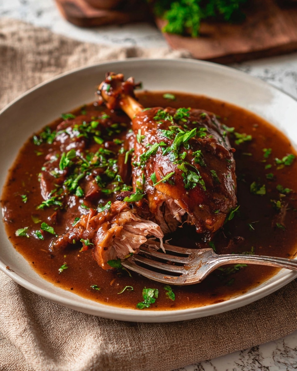 A close-up shot of a cooked rabbit leg covered in thick, dark brown sauce, placed on a white plate. The meat is tender and partially separated by a silver fork, showing light pinkish inner layers. The sauce covers the plate base with a rich texture, and fresh chopped green herbs are sprinkled liberally over the top of the meat and sauce. The plate rests on a light brown cloth with a white marbled textured surface underneath. Photo taken with an iphone --ar 4:5 --v 7