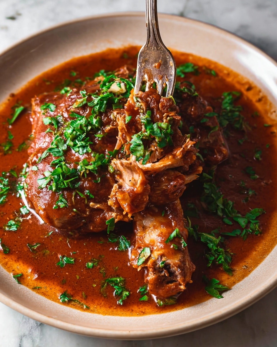 A close-up view of a white plate filled with two brown cooked pieces of meat covered in a thick reddish-brown sauce. The meat looks tender and juicy with one piece held by a silver fork. Fresh green chopped herbs are sprinkled generously on top and around the meat, adding a bright contrast. The sauce is glossy and smooth, pooling around the meat on the plate. The plate sits on a white marbled surface. Photo taken with an iphone --ar 4:5 --v 7