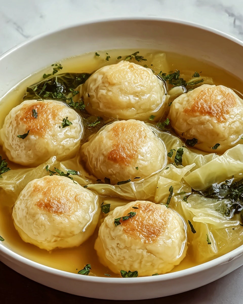 A white bowl filled with a clear, golden broth, holding seven round dumplings with a light golden-brown crust on top. The dumplings appear soft and slightly shiny with a smooth, slightly wrinkled texture. Around and underneath the dumplings, there are tender, pale green cabbage leaves that are wilted and partially submerged in the broth. Small pieces of chopped green herbs are sprinkled on top of the dumplings, adding a touch of color contrast. The bowl rests on a white marbled surface. Photo taken with an iphone --ar 4:5 --v 7