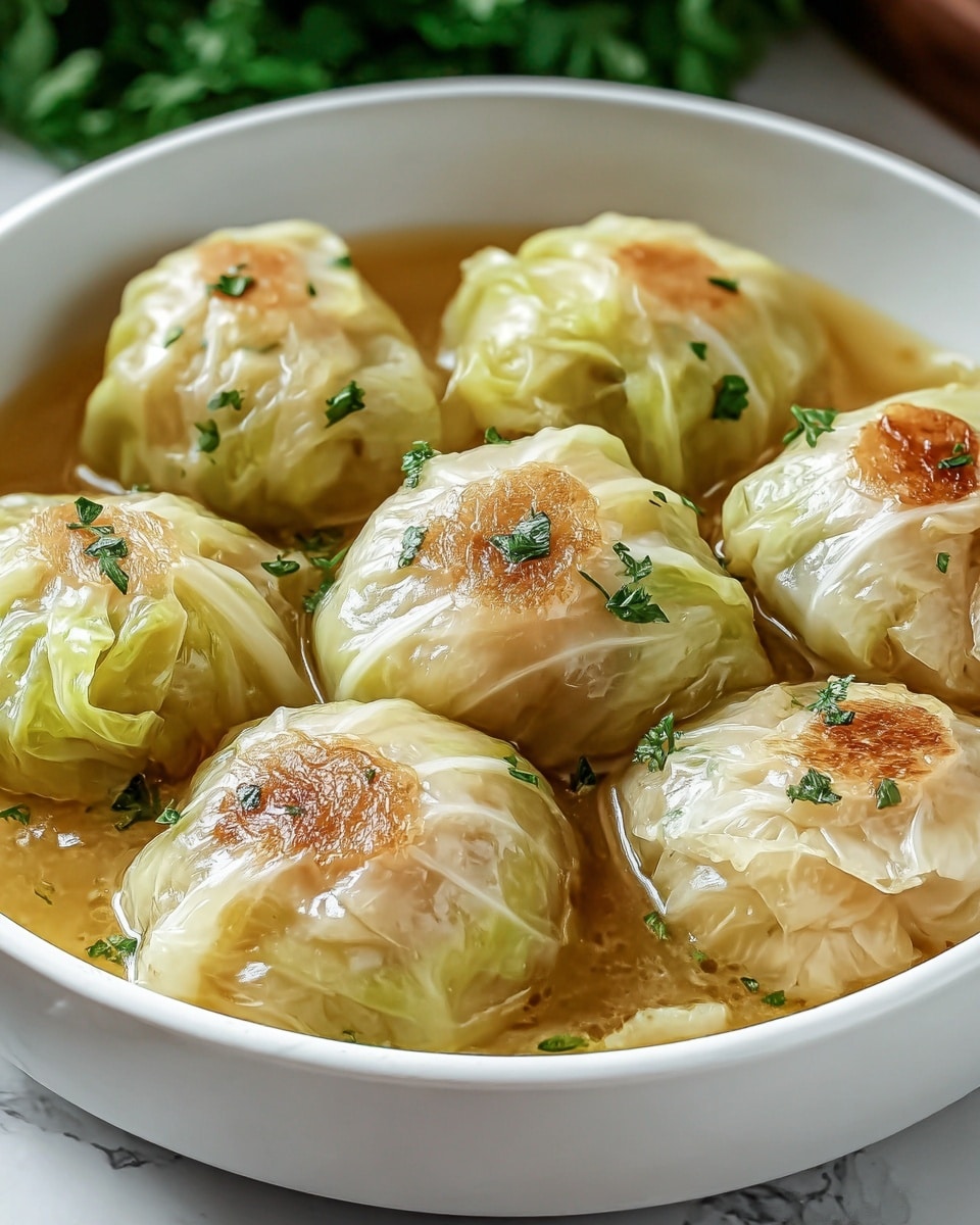 A white bowl filled with eight round cabbage rolls, each topped with a light brown sear on the surface, floating in a clear, golden broth. The cabbage rolls are wrapped in pale green, slightly translucent cabbage leaves, with some loose leaves softly gathered around the rolls. Small bits of chopped dark green herbs are sprinkled on top of the rolls and broth, adding a fresh touch. The bowl sits on a white marbled surface with some green foliage blurred in the background. photo taken with an iphone --ar 4:5 --v 7