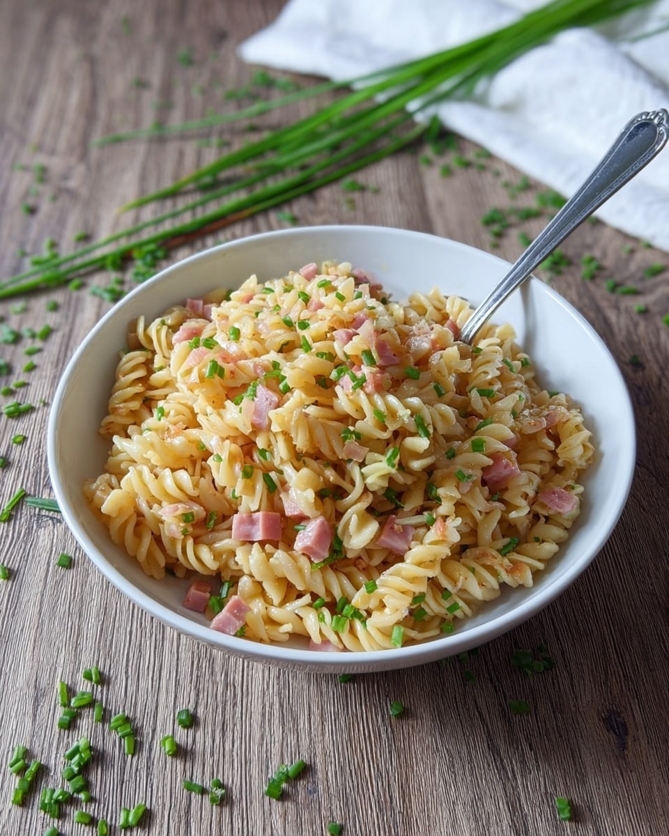 A white bowl filled with a single layer of cooked spiral pasta mixed with small chunks of pink ham and bits of translucent onion, all covered with small green chives sprinkled on top and around the bowl. There is a silver fork resting inside the bowl, standing upright in the pasta. The bowl sits on a wooden surface with a few scattered green chives around it and a white cloth with green chives laid out behind the bowl. photo taken with an iphone --ar 4:5 --v 7