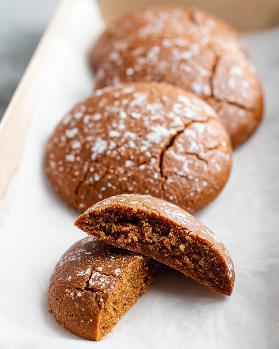 The image shows a row of four round, brown gingerbread cookies with a cracked, powdery surface, laid out on white baking paper inside a white tray. The cookies have a slightly rough texture with a light dusting of white powder on top. The closest cookie is broken in half, revealing a dense, moist, and slightly crumbly interior. The background is a white marbled texture. photo taken with an iphone --ar 4:5 --v 7