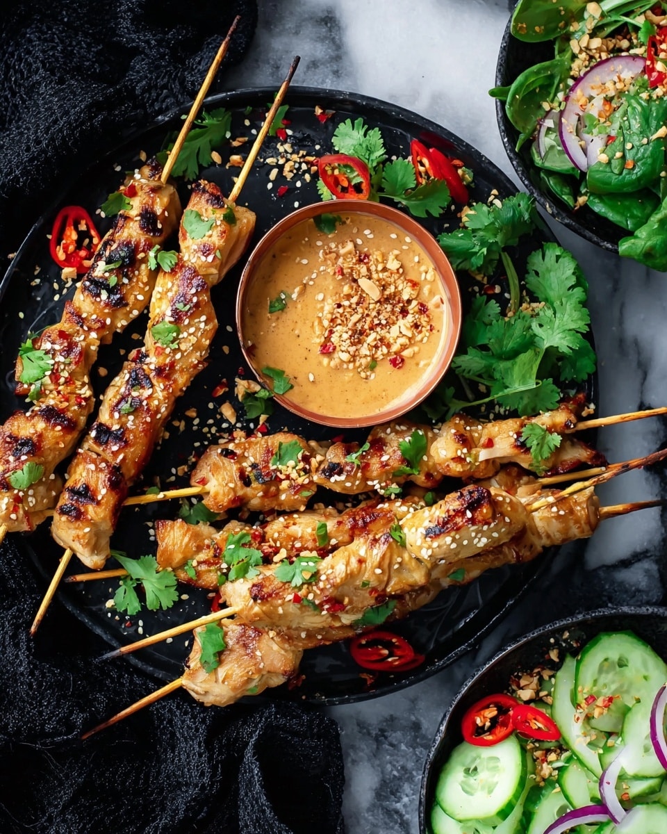 The image shows several grilled chicken skewers placed on a white marbled surface, with golden-brown, slightly charred pieces of chicken threaded on wooden skewers. The chicken is topped with white sesame seeds, small red chili flakes, and fresh green cilantro leaves spaced between the pieces. Thin slices of red onion add a purple accent scattered among the skewers. In the background, there is a copper-colored small bowl filled with creamy peanut sauce, sprinkled with crushed peanuts, red chili flakes, and a few cilantro leaves. photo taken with an iphone --ar 4:5 --v 7
