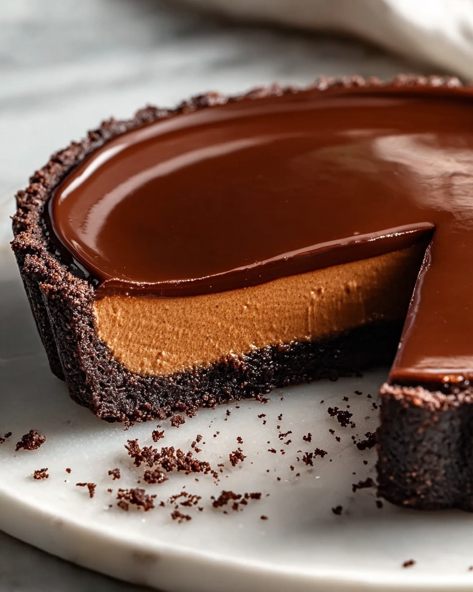 A close-up image of a chocolate tart with three visible layers placed on a round white plate on a white marbled surface; the bottom layer is a dark, crumbly chocolate crust that lines the edge and base of the tart; the middle layer is a thick, creamy milk chocolate filling with a smooth, slightly aerated texture and a light brown color; the top layer is a glossy, dark chocolate ganache that is shiny and perfectly smooth, covering the entire surface; a bite has been taken from the tart, showing all the layers clearly and some chocolate crumbs scattered on the plate and surface; soft natural light highlights the rich colors and textures. photo taken with an iphone --ar 4:5 --v 7