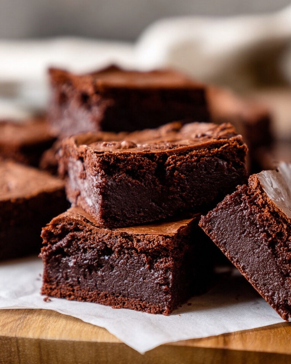 A close-up show of several thick square brownies with a rich dark brown color and soft texture. Each brownie piece has two main layers: a slightly cracked, shiny, and smooth top layer, and a denser, moist, and slightly crumbly bottom layer. The brownies are arranged on a white parchment paper over a wooden board, with one piece leaning diagonally against another at the front, highlighting the thick cut and texture. The background is softly blurred, emphasizing the chocolate squares. Photo taken with an iphone --ar 4:5 --v 7