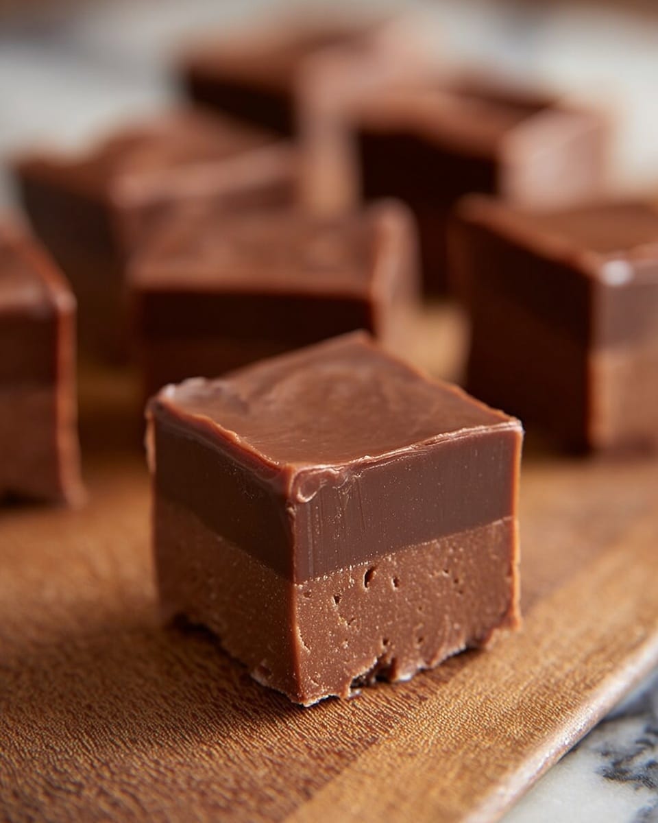 The image shows a close-up of several square pieces of chocolate fudge placed on a soft-textured brown wooden surface replaced with a white marbled texture. The fudge pieces have two layers: a bottom thin, slightly rougher layer that is a darker brown, and a thicker, smooth top layer that is lighter brown and shiny. The edges are clean-cut but slightly uneven, and the chocolate surface has small air pockets. The pieces in the background are blurred, focusing on one piece in the front center. photo taken with an iphone --ar 4:5 --v 7