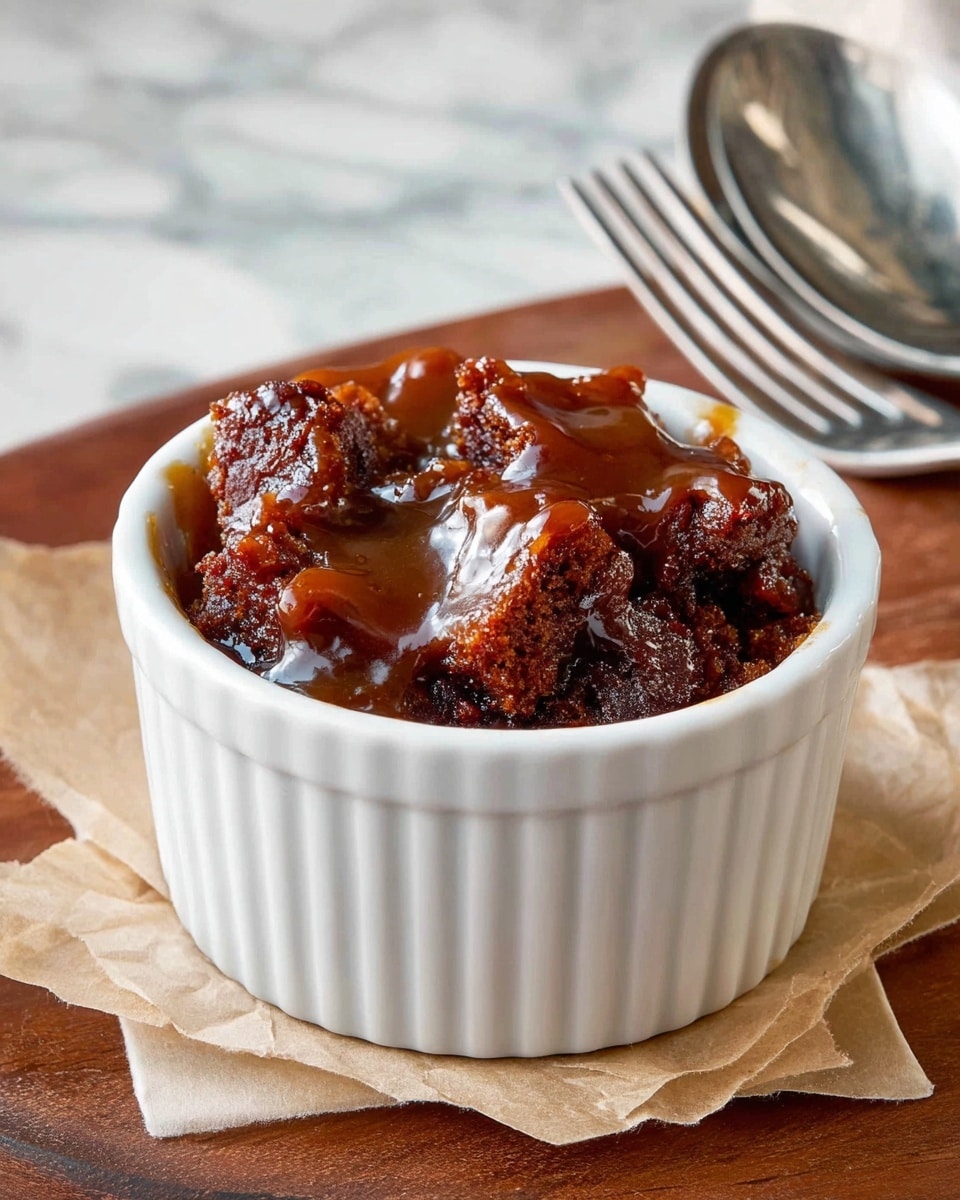 A white textured ramekin holds a rich dessert with roughly three visible layers: at the bottom, a soft, moist brown cake base; in the middle, chunks of the same brown cake soaked and glossy with thick, dark caramel sauce; and on top, more caramel sauce pooling and dripping over the cake pieces, creating a shiny, sticky surface. The ramekin sits on layered pieces of crumpled parchment paper on a wooden table, with three forks in soft focus nearby. The background is a white marbled texture. photo taken with an iphone --ar 4:5 --v 7