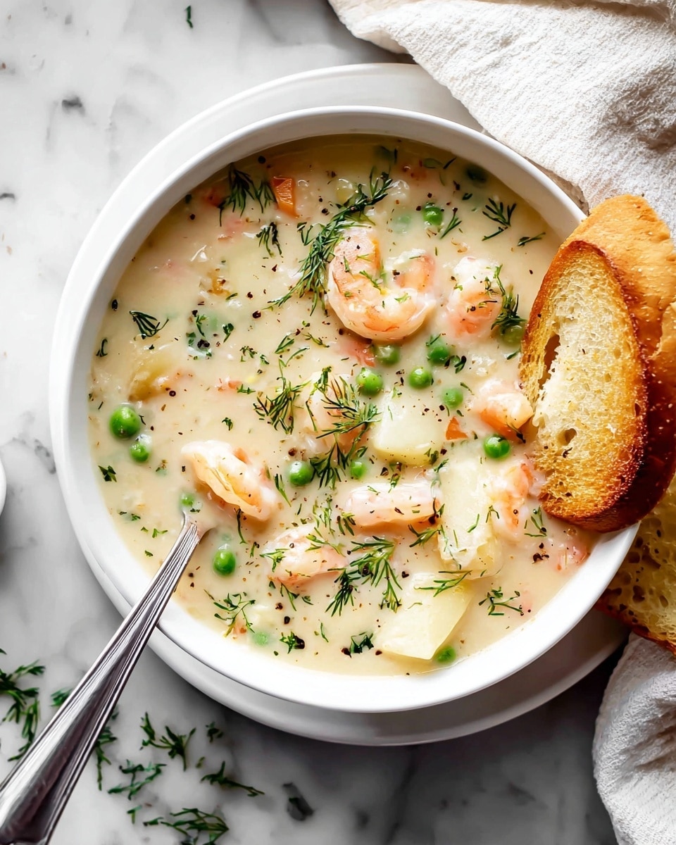 A white bowl filled with creamy light beige soup that has visible small green peas, white chunks of potatoes, orange shrimp, and bits of green herbs scattered on top and throughout the soup. The soup texture is smooth and slightly thick, with a silver spoon resting inside on the left side of the bowl. On the right edge of the bowl, a toasted golden brown slice of bread and a piece of soft white bread are placed, partly resting on the bowl and partly on a white marbled surface beneath a soft white cloth. Photo taken with an iphone --ar 4:5 --v 7
