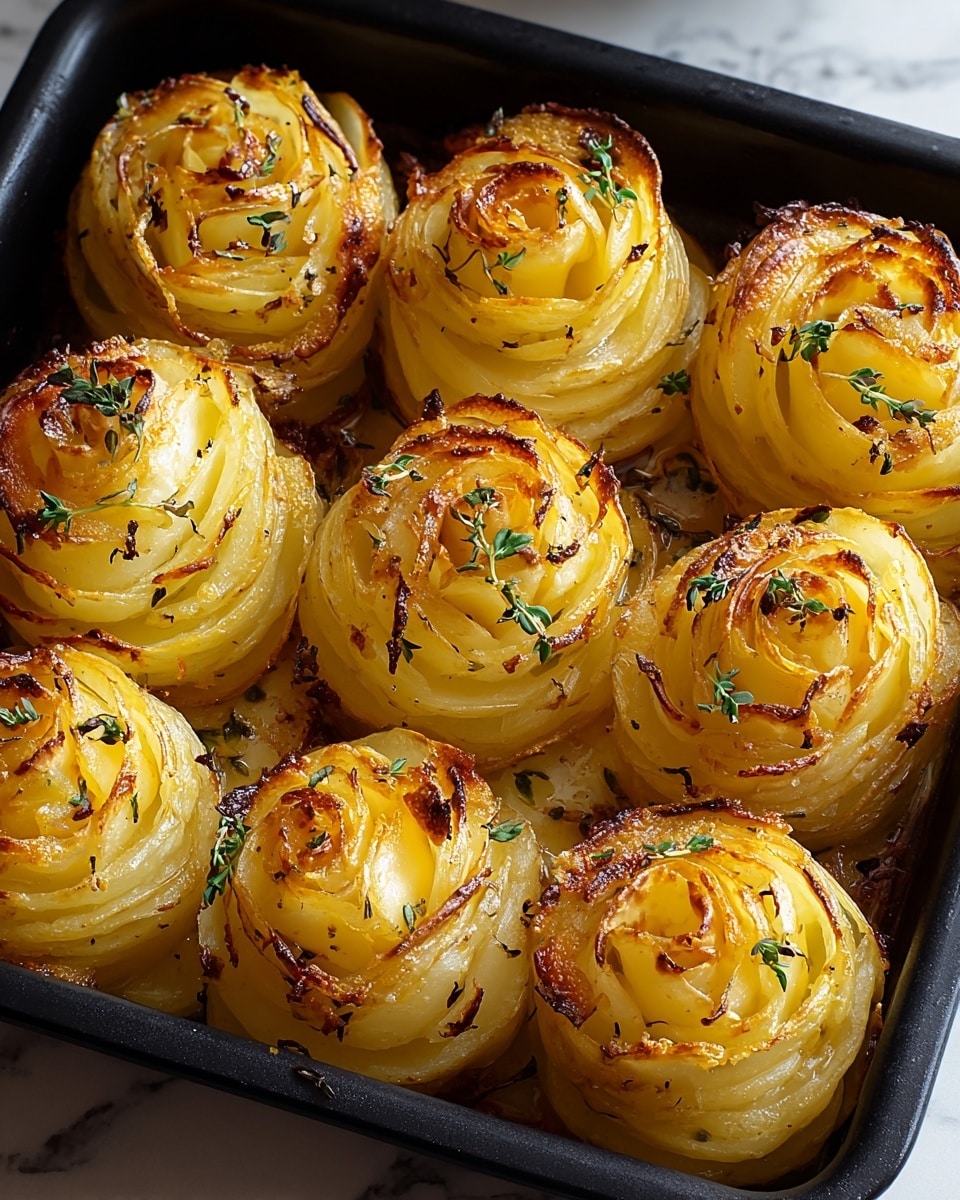Nine roasted potato stacks arranged closely together in a black square baking tray. Each stack has thin, wavy layers of golden-yellow potatoes fanned upwards in a round, rose-like shape, with edges browned and slightly crispy from baking. Small green herb leaves are sprinkled on top and between the potato stacks, adding a fresh contrast. The potatoes have a soft and slightly shiny texture with a light coating of oil that pools a little at the bottom of the tray. The tray rests on a white marbled surface. photo taken with an iphone --ar 4:5 --v 7