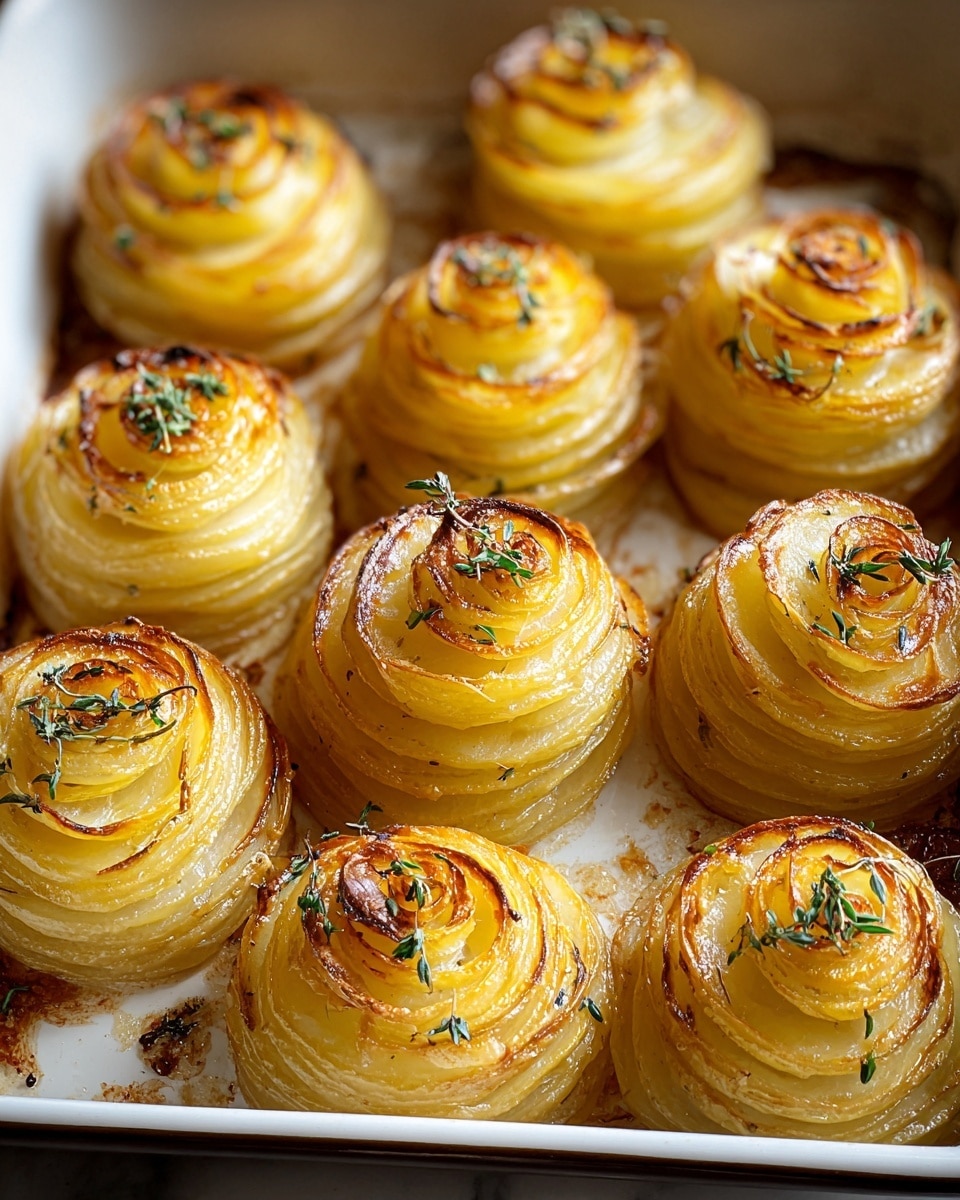 Nine golden brown layered potato stacks are neatly placed in a white baking tray. Each stack shows thin, curved slices of potato arranged in concentric circles, creating a rose-like shape, with the outer layers slightly crisped and the inner layers soft and smooth. The tops have a light caramelized texture with small sprigs of green herbs scattered for garnish. The tray sits on a white marbled surface, enhancing the warm yellow and golden tones of the potatoes. photo taken with an iphone --ar 4:5 --v 7