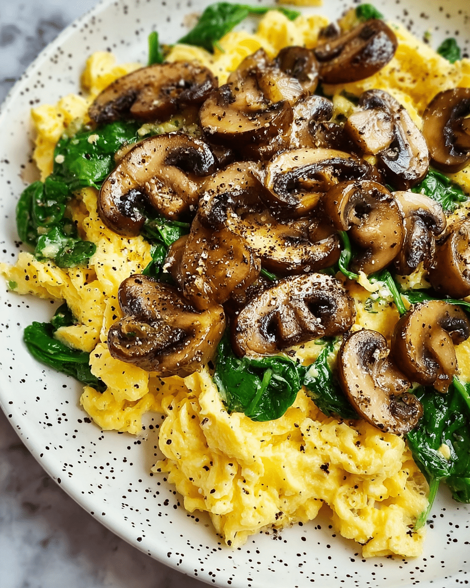 A close-up view of a dish featuring fluffy, yellow scrambled eggs mixed with bright green spinach leaves, forming the base layer. On top, there is a generous layer of sliced brown mushrooms cooked to a glossy finish with visible black pepper seasoning scattered across both mushrooms and eggs. The plate is white with small black speckles, resting on a white marbled surface. photo taken with an iphone --ar 4:5 --v 7