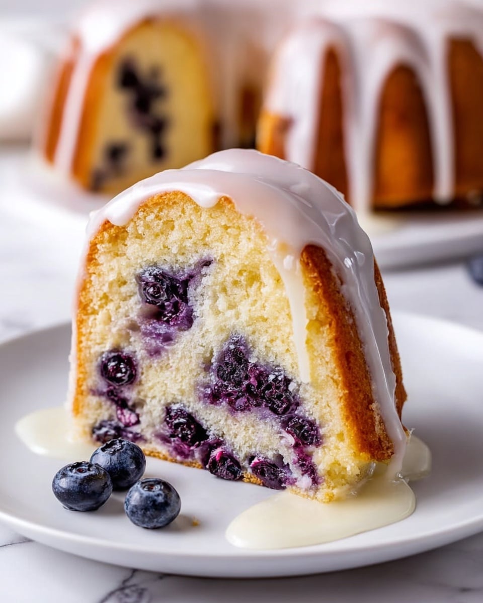 The image shows a slice of blueberry bundt cake on a white plate with a white marbled surface underneath. The cake has two main layers: a soft, light yellow cake layer filled with whole blueberries scattered throughout, and a smooth, glossy white glaze drizzled generously over the top, flowing down the sides and pooling slightly on the plate. The blueberries contrast deep purple and blue against the pale cake, adding rich color and texture. In the background, a whole bundt cake can be seen blurred softly on a white plate. Photo taken with an iphone --ar 4:5 --v 7