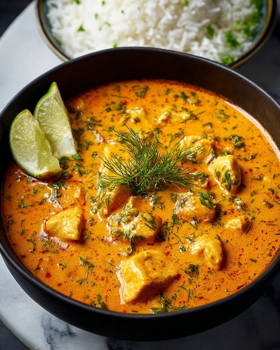 A black bowl filled with a creamy, orange curry sauce with visible chunks of tender chicken evenly spread throughout. The curry is garnished with small green herb pieces and a sprig of fresh dill placed in the center. Two lime wedges rest on the edge of the bowl, adding a bright green contrast. In the background, there is a serving of white rice placed on a white marbled surface. The overall look is vibrant and rich with a smooth texture the curry shows. photo taken with an iphone --ar 4:5 --v 7
