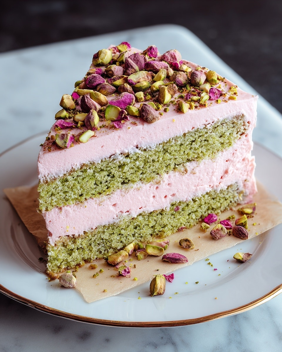 A slice of two-layer green cake with a smooth, light pink frosting spread evenly between and on top of the layers. The top layer is decorated with a mix of whole pink and green pistachios along with finely chopped pistachio pieces, adding texture and color contrast. The cake sits on a round white plate with a gold edge, placed on a white marbled surface. photo taken with an iphone --ar 4:5 --v 7