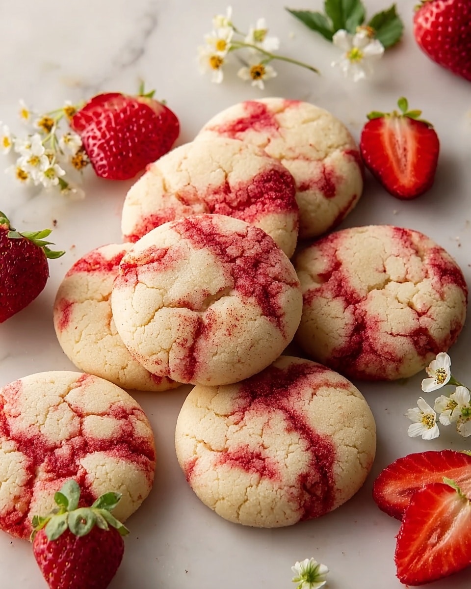 The image shows seven round cookies with a soft, cracked surface. Each cookie is light cream in color with uneven red swirls spread across the top, giving a marbled look. The cookies are arranged close together on a white marbled surface. Around the cookies, there are whole ripe red strawberries with green leaves and a few strawberry halves showing their bright red inside and seeds. Small white flowers with yellow centers are scattered among the cookies and fruit, adding a delicate touch. Photo taken with an iphone --ar 4:5 --v 7