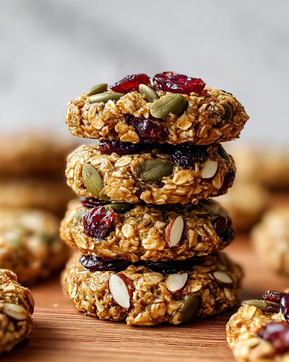 A close-up image showing a stack of seven round oatmeal cookies with a rich golden brown color, each cookie sprinkled with vibrant green pumpkin seeds, reddish-brown almonds, creamy white peanuts, and dark red dried cranberries on top, revealing a chewy texture with visible oats throughout; one cookie is leaning against the stack, displaying the detailed surface and various nuts and seeds clearly. The cookies rest on a wooden board with a soft focus black background replaced by a white marbled texture. photo taken with an iphone --ar 4:5 --v 7