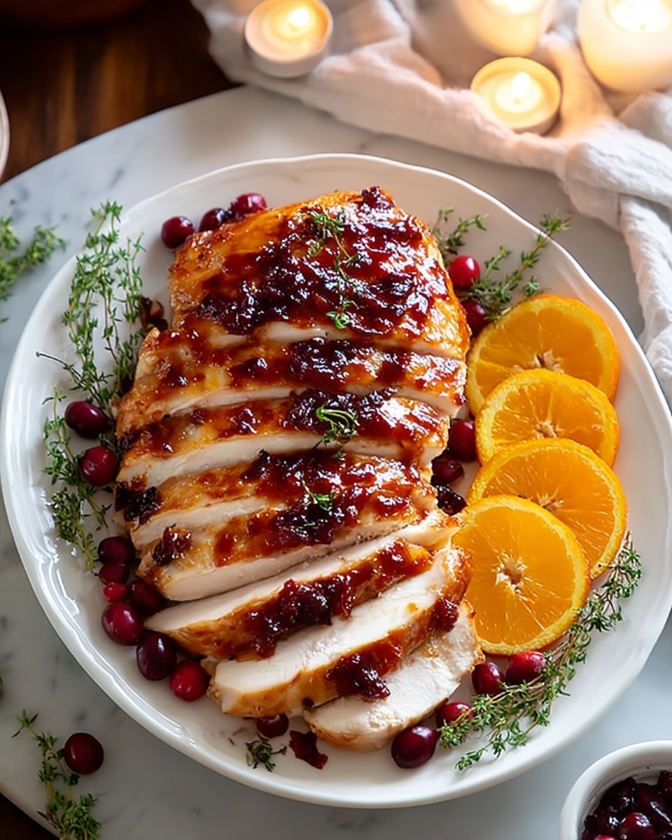 A white plate holds a sliced roasted turkey breast with a shiny dark red glaze and small bits of cranberry sauce on top. The turkey is cut into seven visible thick slices showing its light, tender inside. Around the turkey, fresh green thyme sprigs and whole cranberries add color, while bright orange slices are placed on the right side. The plate sits on a white marbled surface near a white cloth napkin and lit candles, creating a warm and cozy feeling. Photo taken with an iphone --ar 4:5 --v 7
