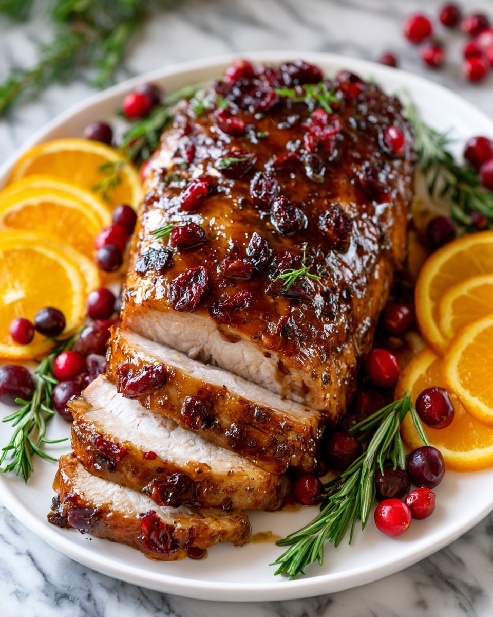 A glazed roast with a shiny, golden brown top layer covered in a sticky sauce and small red cranberry bits, sliced to show juicy white meat inside, arranged on a white plate. Around the roast, there are several sprigs of fresh green herbs and whole cranberries scattered for decoration. On the edge of the plate, there are bright orange slices adding a fresh color contrast. The plate sits on a white marbled surface. photo taken with an iphone --ar 4:5 --v 7