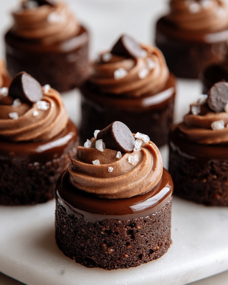 Small round chocolate desserts each have three layers: a dark brown soft cake layer at the bottom, a smooth shiny chocolate glaze middle layer, and a thick swirl of creamy milk chocolate frosting on top. Each swirl holds a single dark chocolate chip in the center, and small bits of white nuts or salt are scattered on the frosting. The treats are placed on a white marbled surface. photo taken with an iphone --ar 4:5 --v 7