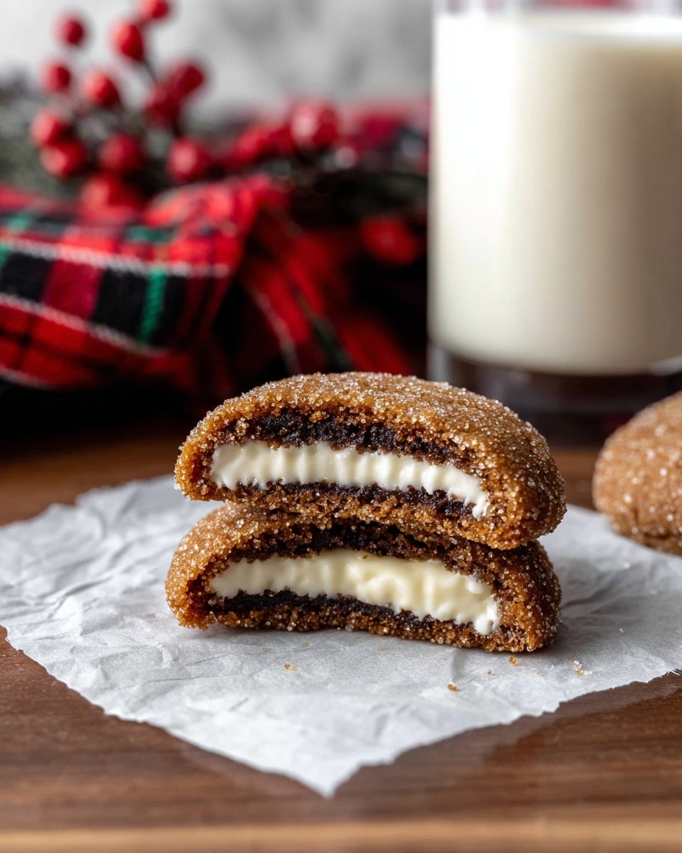 The image shows a split cookie placed on white parchment paper on a wooden surface, revealing its inside layers. The outer layer is a brown, sugar-coated dough with a slightly grainy texture, while the inside has two layers: a thin dark brown layer and a thick creamy white filling in the center. In the background, there is a tall glass of milk and a blurred red and black checkered cloth with some red berries, all set on a white marbled texture. photo taken with an iphone --ar 4:5 --v 7