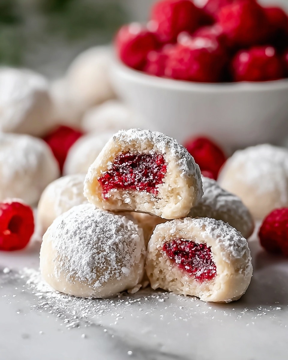 The image shows round white treats covered with a light dusting of powdered sugar. Each treat has two layers: a smooth, soft pale beige outer layer and a bright red, slightly chunky inner filling visible in the cut-open pieces placed on top of the others. The treats sit on a white marbled surface, and in the background, there is a white bowl filled with fresh red raspberries, some also dusted with powdered sugar but mostly out of focus. The overall look is clean and fresh with a soft texture and contrast between the pale outer layer and the vibrant red filling. photo taken with an iphone --ar 4:5 --v 7