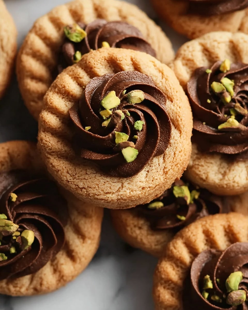 The image shows a close-up view of several round cookies with two layers on top. The bottom layer is a light brown cookie base with a rough, crackled texture, shaped in a ridged swirl pattern. The top layer is a smooth, dark chocolate cream or frosting that is piped in a swirl shape on one side of each cookie. Small chopped green pistachio nuts are sprinkled on the chocolate layer as garnish. The cookies are arranged closely together with soft lighting highlighting their textures, placed on a white marbled surface. Photo taken with an iphone --ar 4:5 --v 7