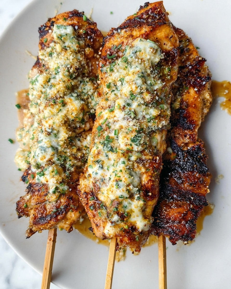 The image shows three grilled chicken skewers placed closely on a white plate set on a white marbled surface. Each skewer has a thick, unevenly charred layer of golden brown grilled chicken with a crispy texture. The top layer includes a creamy sauce with green herbs, finely chopped garlic, and a sprinkling of grated cheese, creating a speckled effect with white, green, and light yellow colors spread unevenly across the chicken. The wooden skewers are visible underneath, running lengthwise through the chicken pieces. The sauce also drips slightly around the chicken on the plate, adding a moist look. photo taken with an iphone --ar 4:5 --v 7