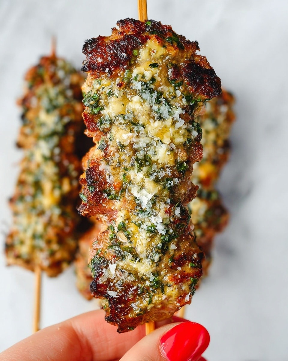 This image shows a close-up of a grilled skewer held by a woman's hand with bright red nail polish. The skewer has a thick, unevenly shaped layer of golden-brown cooked meat covered with a coarse topping made of chopped green herbs, melted yellow cheese, and a sprinkle of white grated cheese. The skewer is held vertically in the center with three more skewers blurred in the white marbled background, showing similar layers. The texture looks slightly crispy with a mix of rough and soft parts, highlighting the herbs and cheese on top. photo taken with an iphone --ar 4:5 --v 7