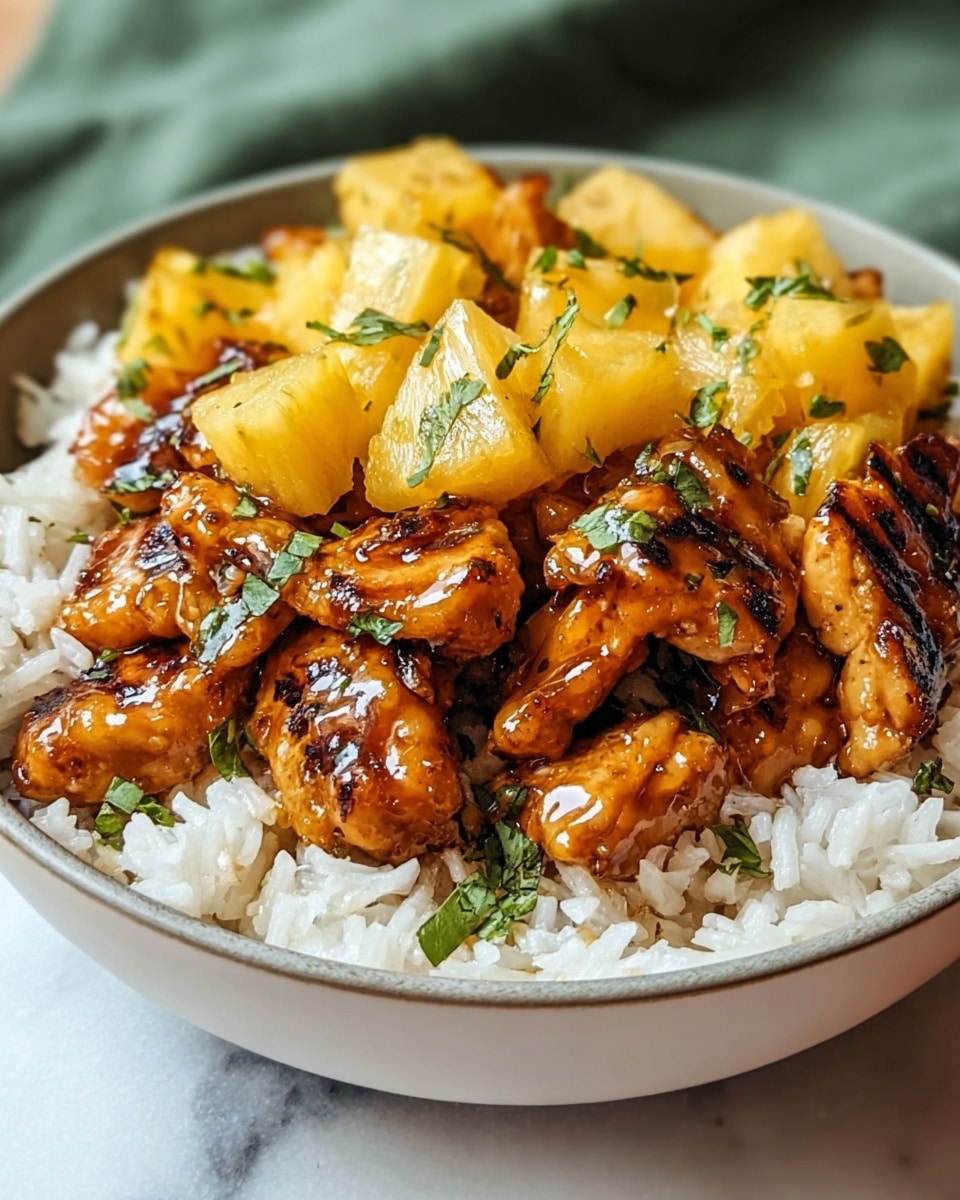 A round white bowl filled with three layers: the bottom layer is fluffy white rice with visible grains, the middle layer consists of golden-brown grilled chicken pieces coated in a shiny glaze, and the top layer has bright yellow pineapple chunks scattered evenly along with small green herb leaves sprinkled over for contrast. The bowl sits on a white marbled surface with a blurred green cloth under it. The food looks moist and glossy, showing a mix of soft and slightly charred textures. photo taken with an iphone --ar 4:5 --v 7