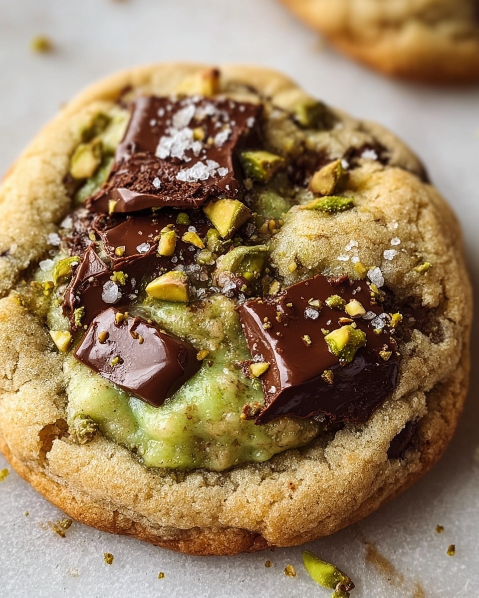 A close-up of a round cookie with a light golden brown top that is slightly cracked, revealing a sticky green pistachio cream filling inside. The cookie is topped with chunky, dark glossy chocolate pieces and sprinkled with small chopped green pistachio nuts and coarse salt flakes. The cookie sits on a white marbled surface, and the texture of the cookie looks soft and chewy with a slightly crisp edge. Photo taken with an iphone --ar 4:5 --v 7
