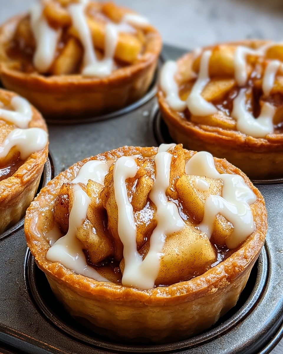 The image shows small apple tarts in a baking tray. Each tart has a thick, golden brown crust forming the base and sides. Inside, there are three to four layers of chunky apple pieces coated with a shiny cinnamon glaze, stacked loosely to create height. On top of the apples, a smooth white icing is drizzled in a zigzag pattern, adding a creamy texture. The baking tray holding the tarts has a dark metal color, and the background is a white marbled texture. photo taken with an iphone --ar 4:5 --v 7
