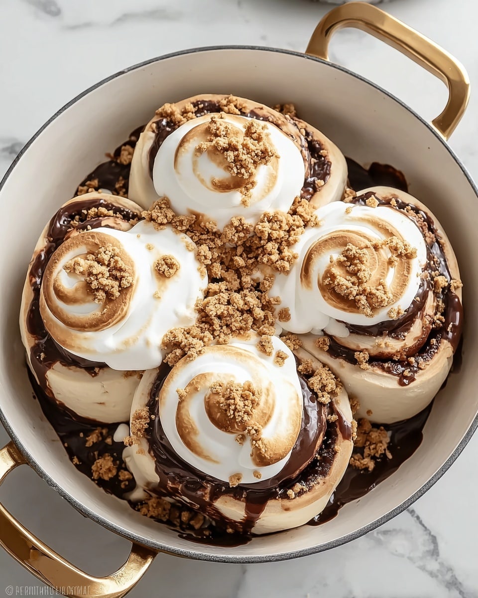 Four large cinnamon rolls sit close together inside a white pan with golden handles. Each cinnamon roll has a thick layer of melted dark chocolate on top and is crowned with a large, toasted swirl of white marshmallow that has golden-brown edges. Crumbled bits of graham cracker are sprinkled over the marshmallows and chocolate, adding a crumbly texture. The pan rests on a white marbled surface that enhances the dessert's warm and cozy look. photo taken with an iphone --ar 4:5 --v 7