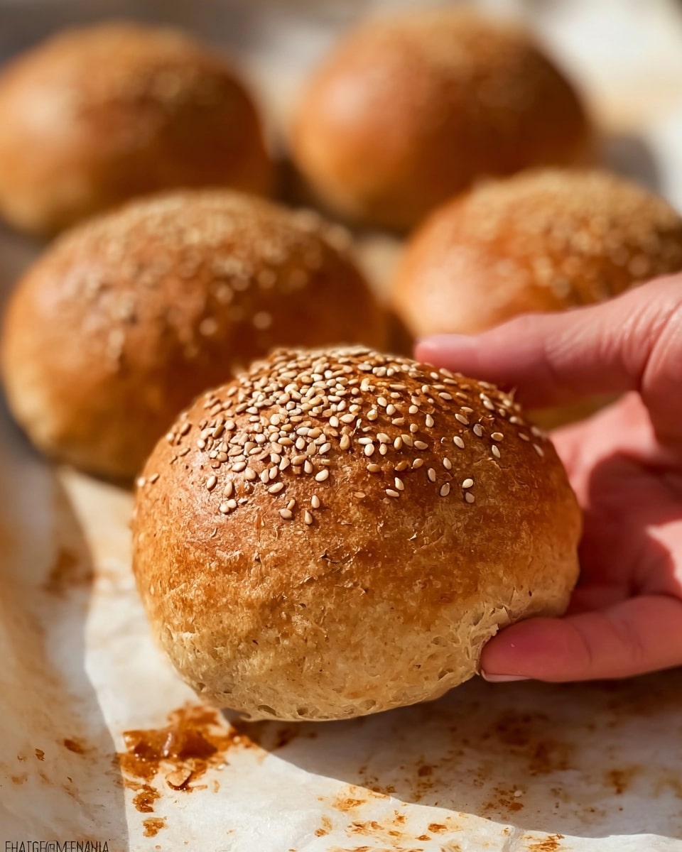 A close-up of a golden brown bun covered with sesame seeds on top, showing a slightly rough and crusty texture; the bun is being held gently by a woman's hand on a white marbled surface with brown stains and crumbs scattered around; several similar buns are blurred in the background, creating depth in the image; the lighting highlights the warm tones and texture of the bread, giving it a freshly baked look. photo taken with an iphone --ar 4:5 --v 7