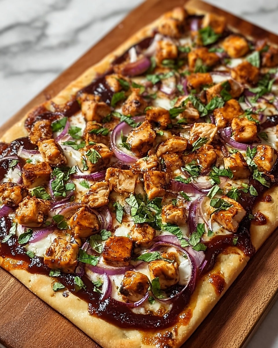 This image shows a rectangular pizza with a thick, golden crust base. On top, there is a layer of dark brown barbecue sauce spread evenly, followed by melted white cheese. Scattered across the pizza are small cubes of grilled chicken with a caramelized, golden-brown color. Thin slices of purple onion and scattered green leafy herbs add fresh color contrast across the top. The pizza is resting on a wooden board, set against a white marbled background. photo taken with an iphone --ar 4:5 --v 7