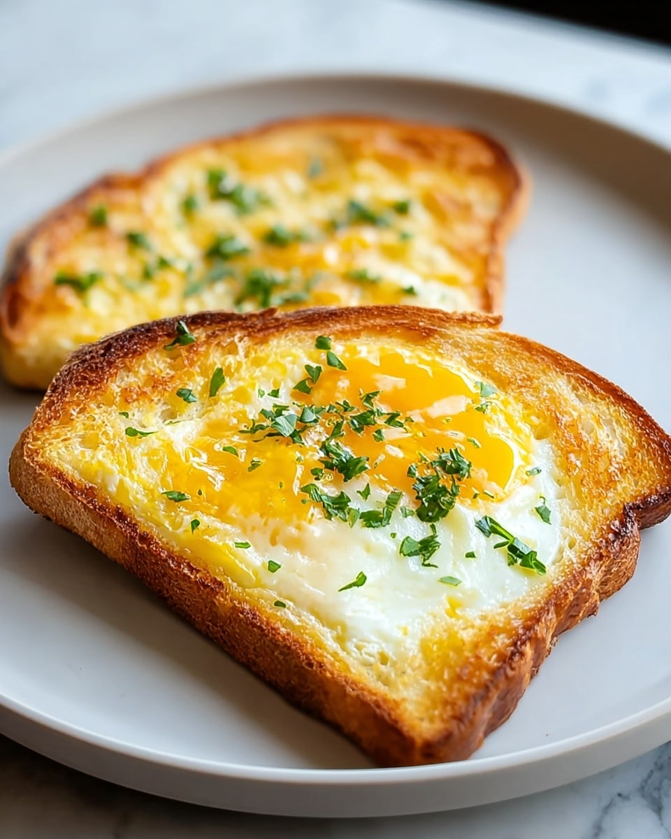 Two slices of toasted bread are placed side by side on a white plate. The slice in the front has a layer of cooked egg, with the yolk bright yellow and slightly glossy, and the white fried with a golden brown texture. Small bits of green herbs are sprinkled over both the egg and the toast, adding contrast to the yellow and golden colors. The toast itself is golden brown with a crispy texture along the edges. The plate sits on a white marbled surface. photo taken with an iphone --ar 4:5 --v 7