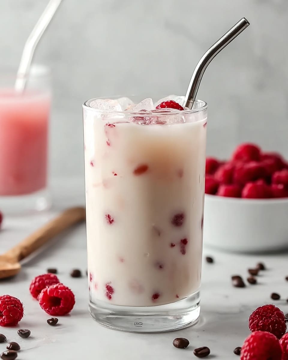 A clear tall glass shows a creamy pale pink drink with small red fruit pieces mixed inside. The bottom layer is smooth light pink liquid, topped by a layer of frothy white foam with scattered red fruit bits. Fresh, bright red raspberries sit heaped on top, covering the foam layer. A metal straw sticks out of the glass on the right side. The glass rests on a round wooden board, sitting on a white marbled surface. In the blurred background, a white bowl filled with raspberries is on the left, and a jar with red fruit inside is on the right, with some loose raspberries spread on the surface. Photo taken with an iphone --ar 4:5 --v 7