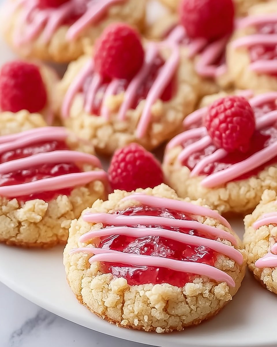 The image shows a close-up of small round cookies arranged on a white plate placed on a white marbled texture. Each cookie has a crumbly light golden-brown base with a center filled with bright red jam that looks glossy and smooth. On top of the jam, there are scattered small crumbles of the same cookie dough. Over the jam and crumbs, there are three thick pink icing stripes drizzled evenly across each cookie. In the background, more cookies are visible, some partially topped with whole red raspberries. The overall look is colorful with soft textures and a mix of crumbly, smooth, and glossy layers. photo taken with an iphone --ar 4:5 --v 7