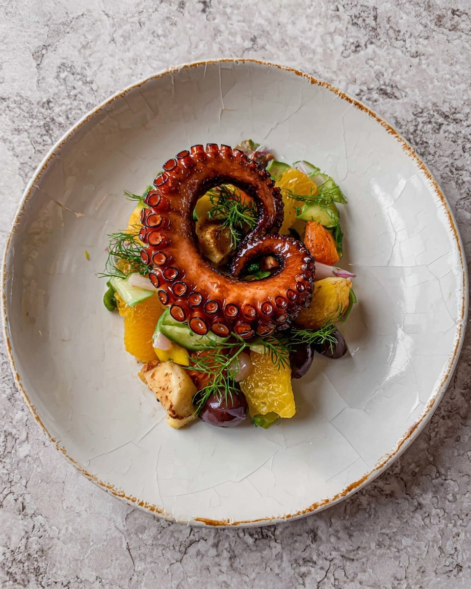 A single curled octopus tentacle with a shiny, brown, slightly charred surface rests on top as the first layer, showcasing the round suckers in detail. Beneath it is a colorful mix of orange citrus slices, dark purple olive pieces, yellow potatoes, and vibrant green herbs and dill sprigs, all loosely piled in the center of a large white plate with a slightly cracked texture. The colors contrast well against the white marbled texture surface beneath the plate, making the dish look fresh and appetizing. photo taken with an iphone --ar 4:5 --v 7