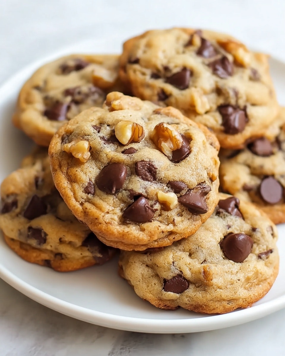 A close-up view of several chunky chocolate chip cookies stacked on a white plate, each cookie showing a golden-brown, slightly rough baked texture. The cookies have three main layers: a crisp outer edge in a darker golden tone, a soft, lighter golden center dotted generously with dark brown, shiny chocolate chips, and walnut pieces adding a light tan color and uneven texture on the surface. The plate rests on a white marbled texture. photo taken with an iphone --ar 4:5 --v 7