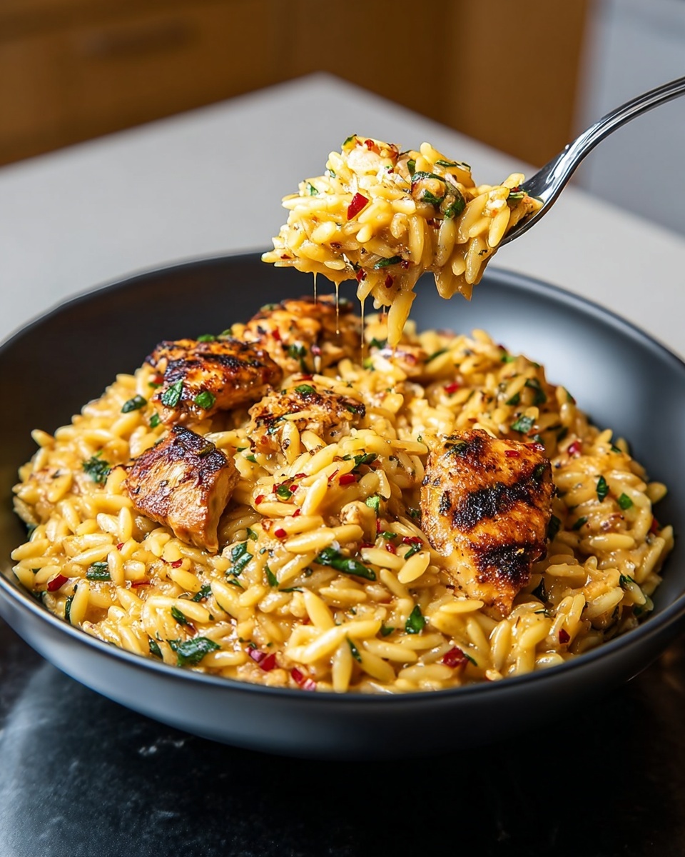 The image shows a black bowl filled with creamy orzo pasta mixed with pieces of grilled chicken. The orzo has a golden-yellow color and is coated in a rich sauce with small bits of red and green herbs, likely parsley and chili flakes, scattered throughout. The grilled chicken pieces on top are browned with a slightly charred texture, adding contrast to the creamy pasta beneath. A silver fork lifts a portion of the orzo and chicken above the bowl, showing the sauce dripping slightly. The bowl is placed on a smooth white marbled surface with a neutral kitchen background. Photo taken with an iphone --ar 4:5 --v 7