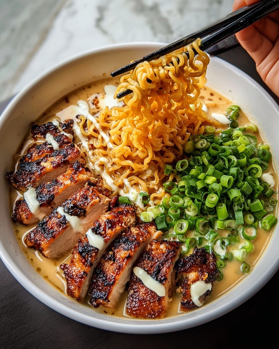 A bowl filled with creamy light brown broth forming the base layer, topped with a layer of soft, curly yellow noodles lifted by black chopsticks held by a woman's hand on the right side. On the left side, several slices of grilled chicken with a rich brown and slightly charred crust are arranged in a neat row, some pieces drizzled with white creamy sauce. In the middle, a pile of fresh chopped green onions adds a bright green pop of color. The bowl is white, placed on a white marbled surface. Photo taken with an iphone --ar 4:5 --v 7